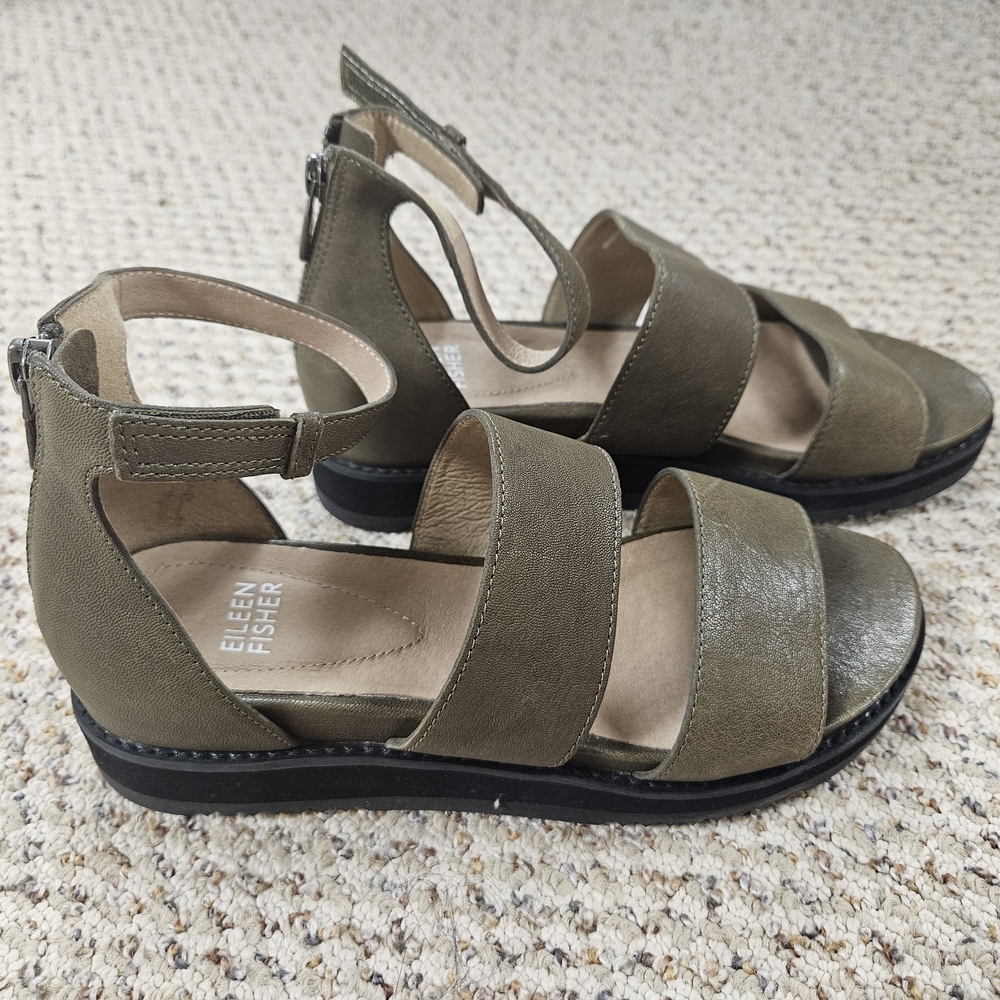 Eileen Fisher Womens Keno Olive Green Leather Ankle Strap Platform Sandals 7